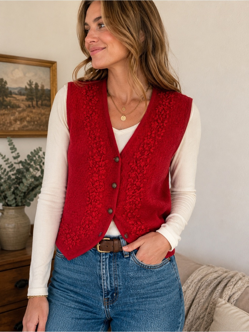 Vintage Red Wool Embroidered Button Front Vest M